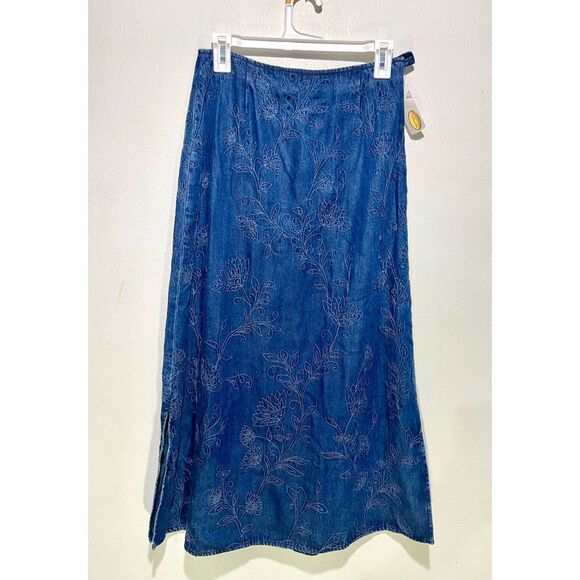 Talbots VTG chambray skirt wester peasant gypsy embroidery flare blue women 4P - Picture 2 of 5